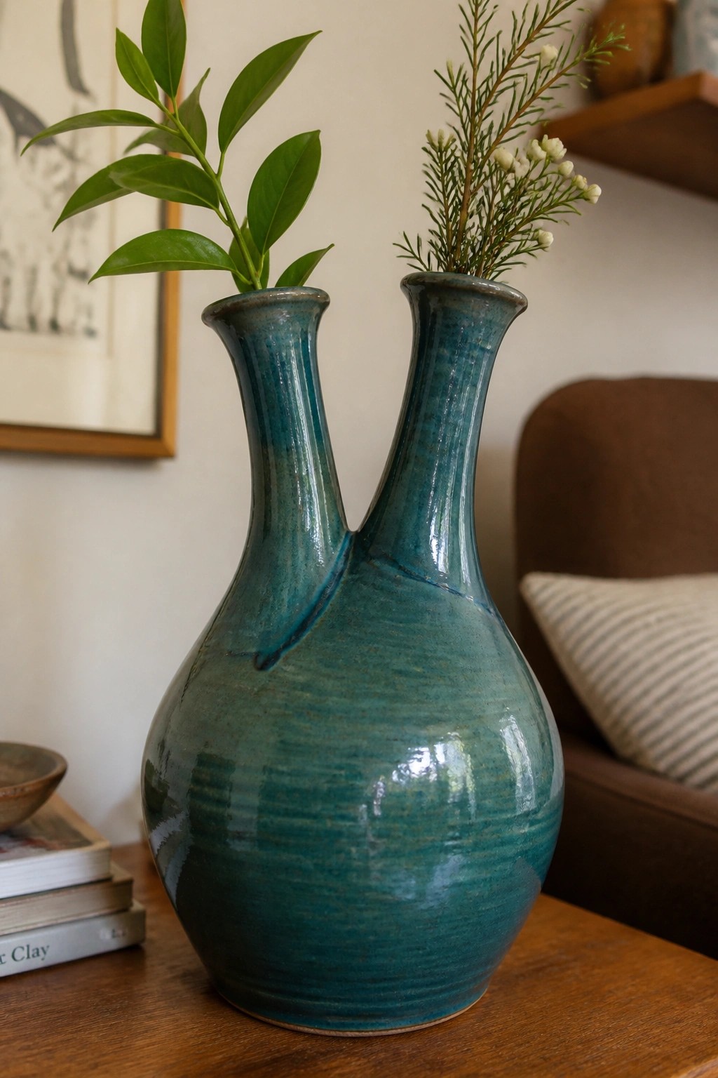 Teal double-necked ceramic vase with green branches on wooden table