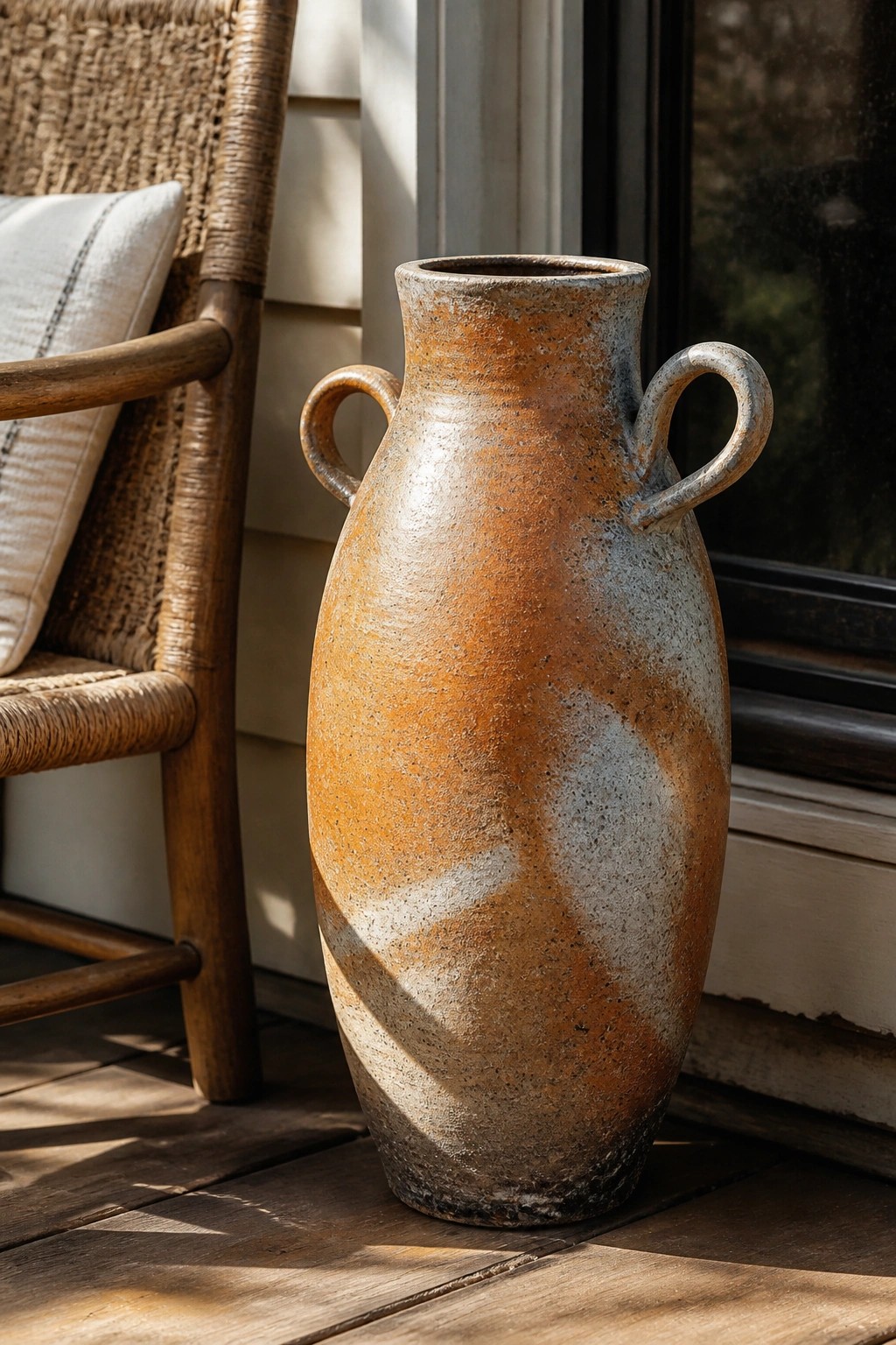 Weathered terracotta vase with handles on wooden floor beside woven chair