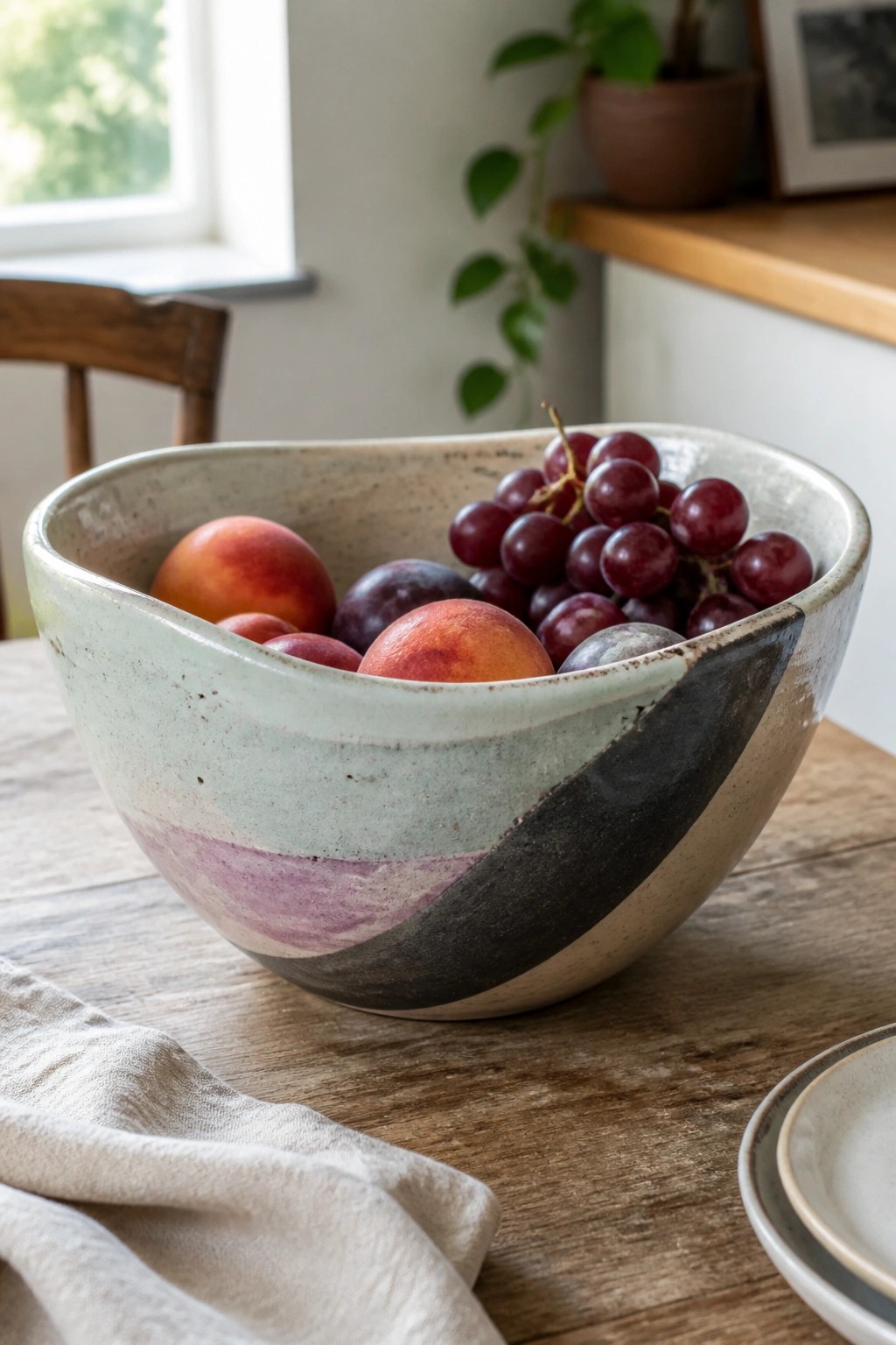 Ceramic bowl with green, purple, and black glaze holding peaches, plums, and grapes on table