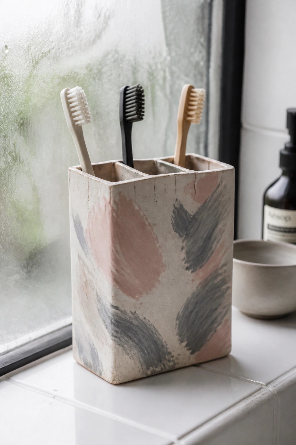 Abstract ceramic holder with pink-gray strokes holding three toothbrushes on tiled windowsill