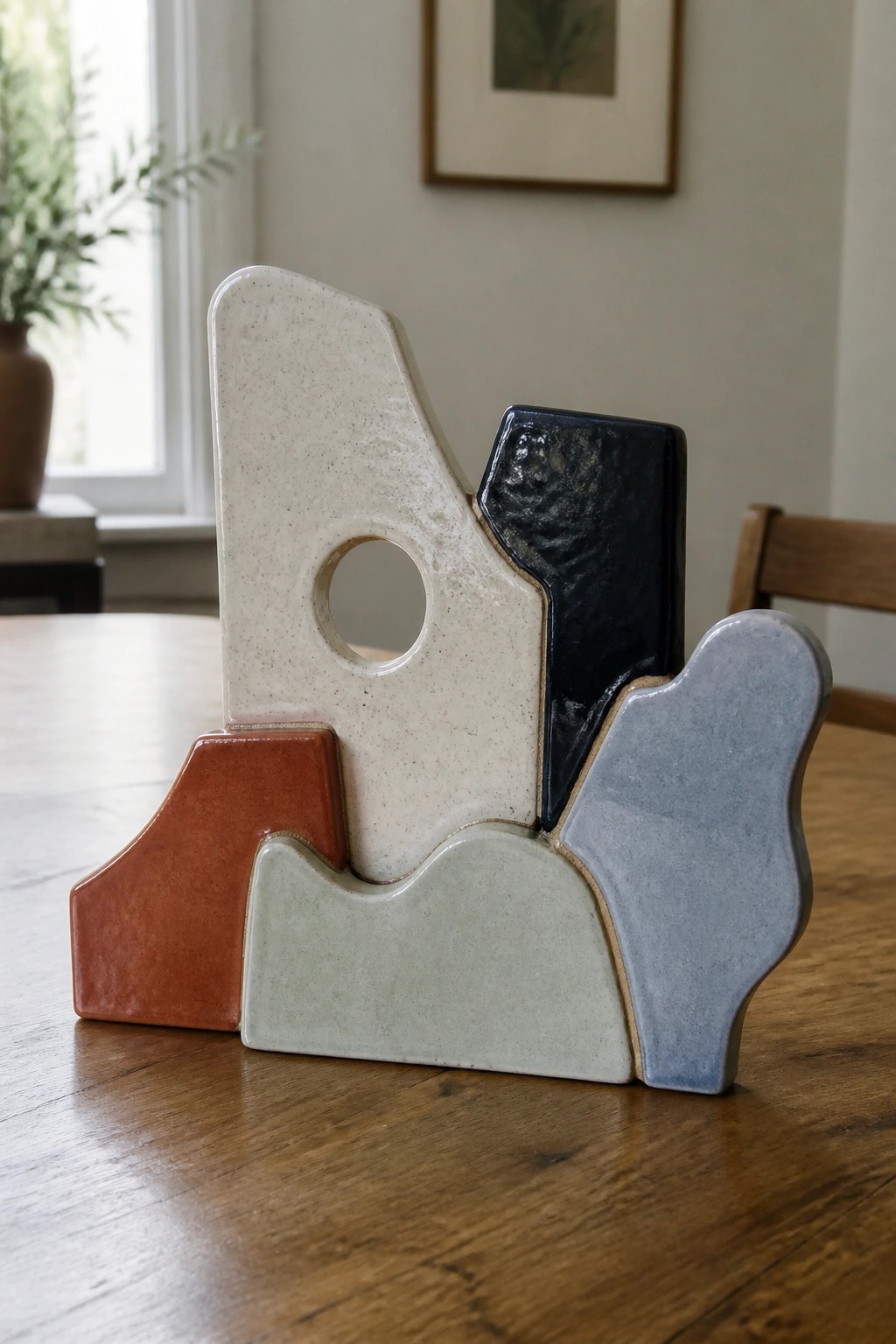 Abstract multicolored ceramic sculpture with white, black, blue, green, and orange sections on wood table