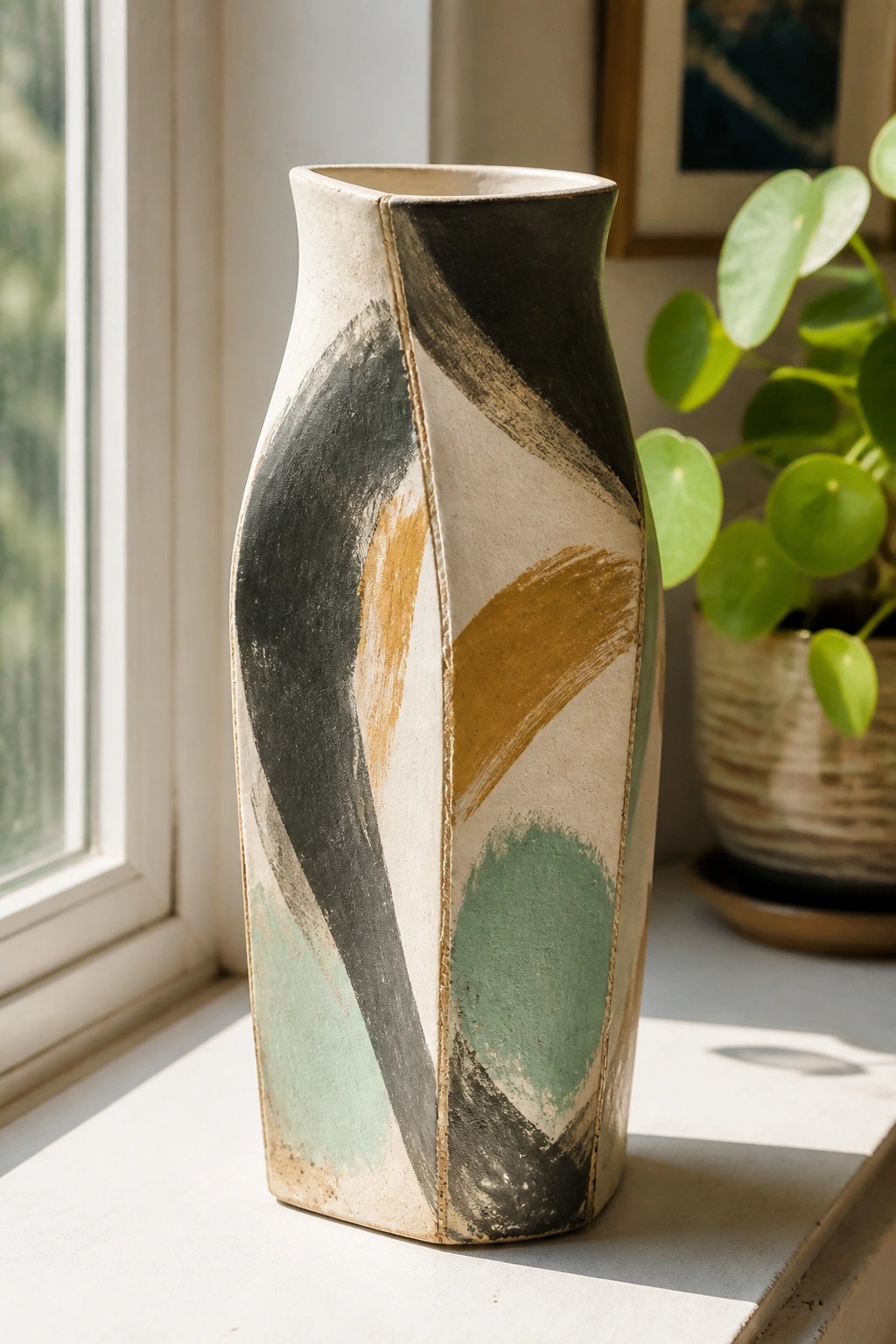 Abstract ceramic vase with black, gold, and green brushstrokes on a windowsill