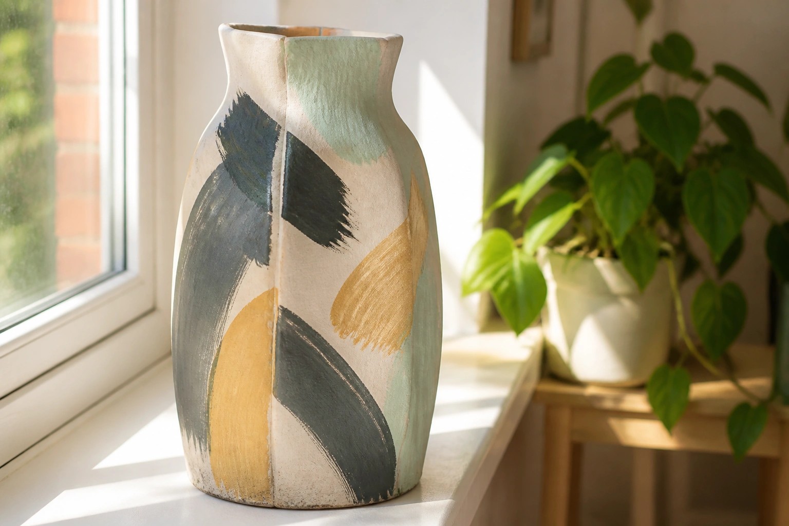 Abstract ceramic vase with black, gold, and green brushstrokes on a windowsill