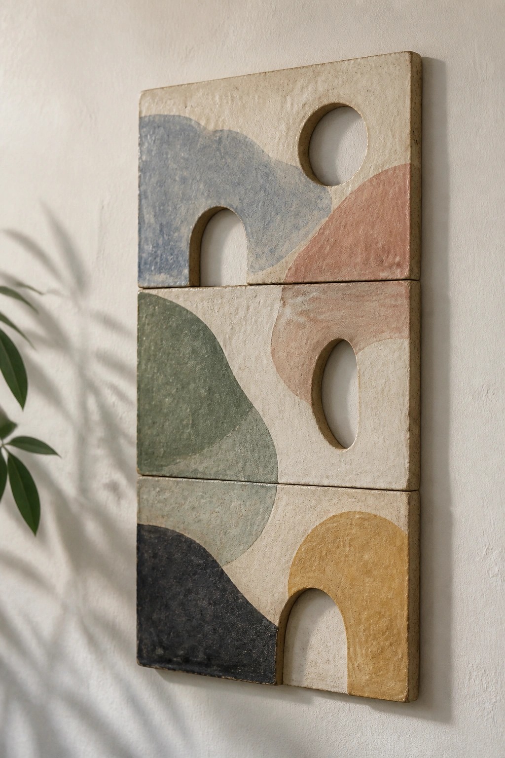 Abstract ceramic wall art of three stacked tiles with colorful organic shapes and cutouts.