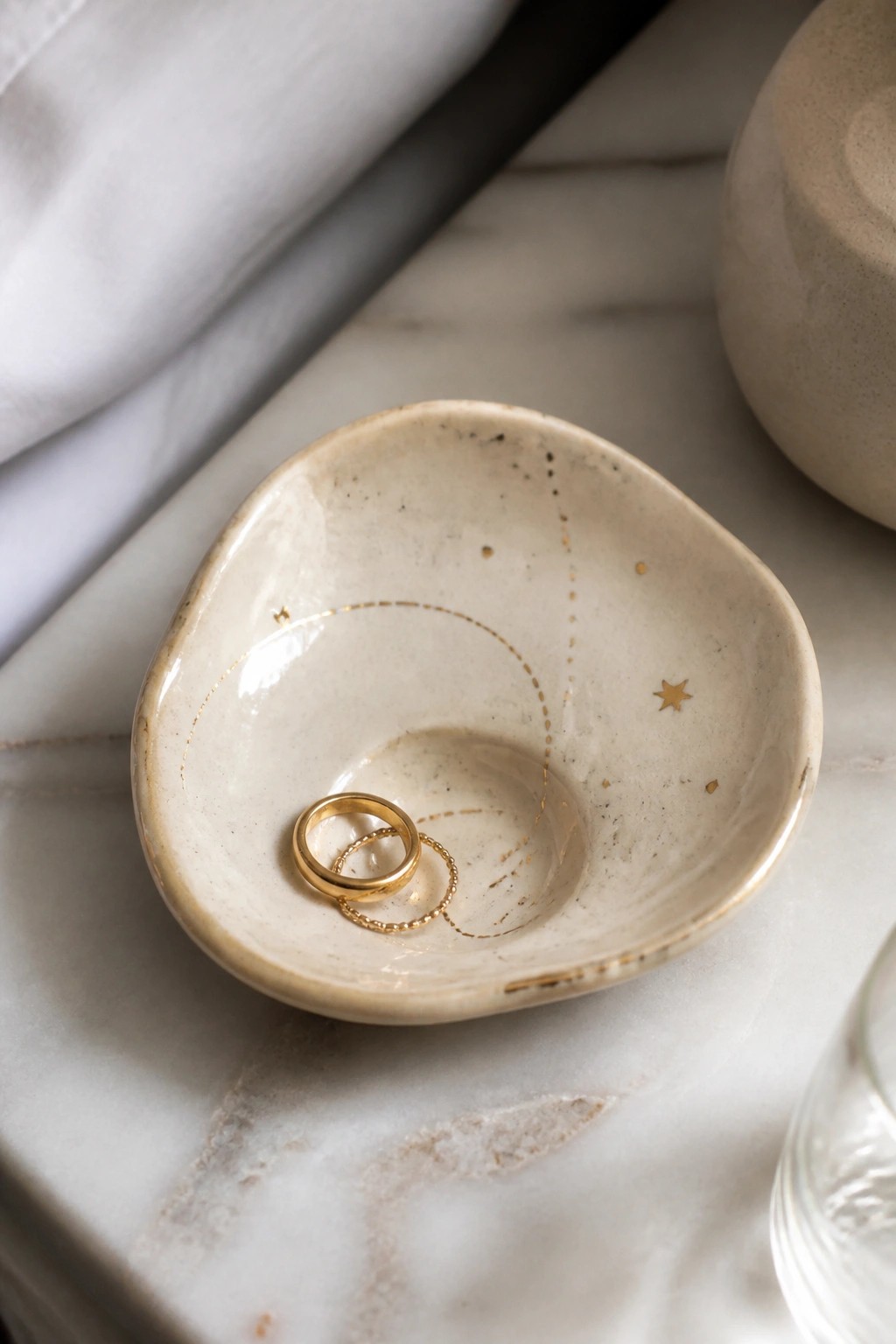 Two gold rings in a speckled ceramic bowl with gold star accents on marble.