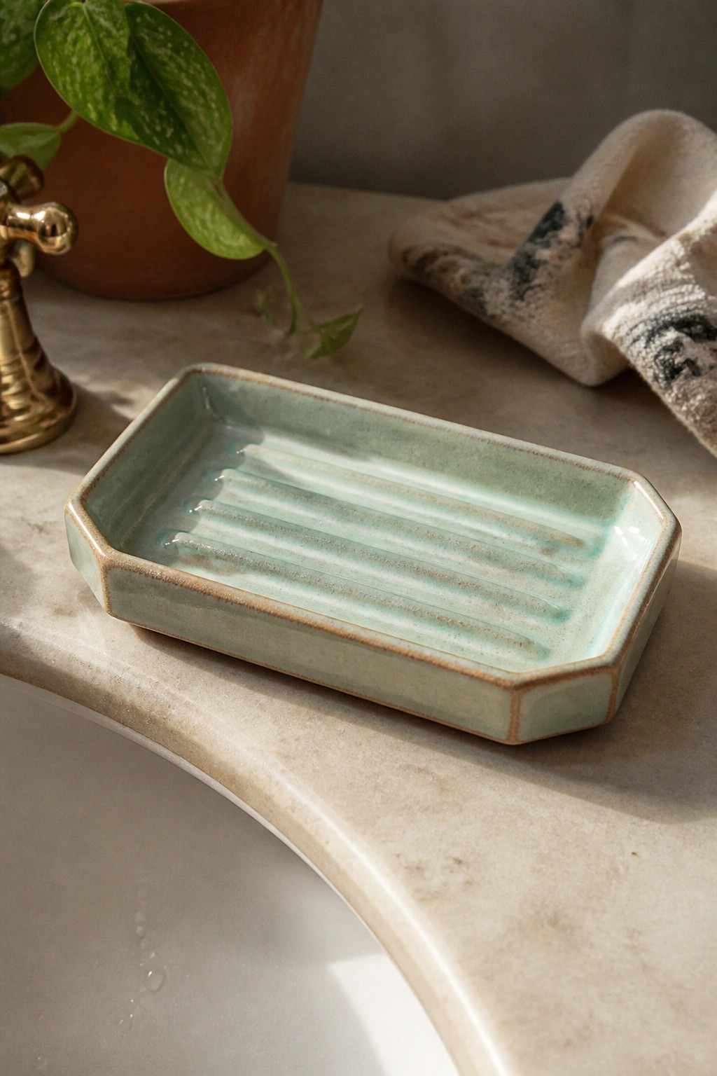 Light green ribbed ceramic soap dish on marble bathroom sink counter near plant