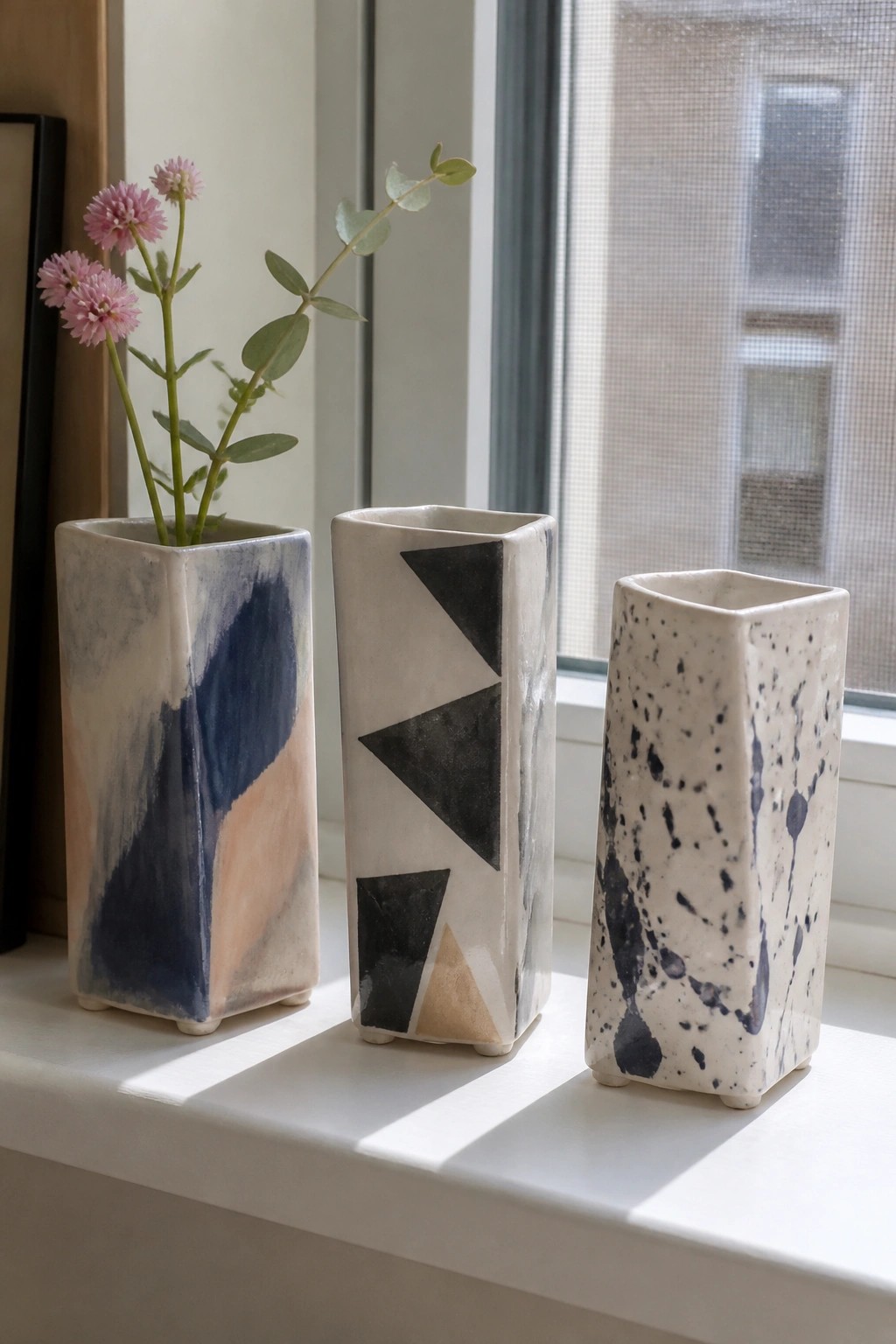 Three abstract ceramic vases on a sunny windowsill, one with pink flowers.