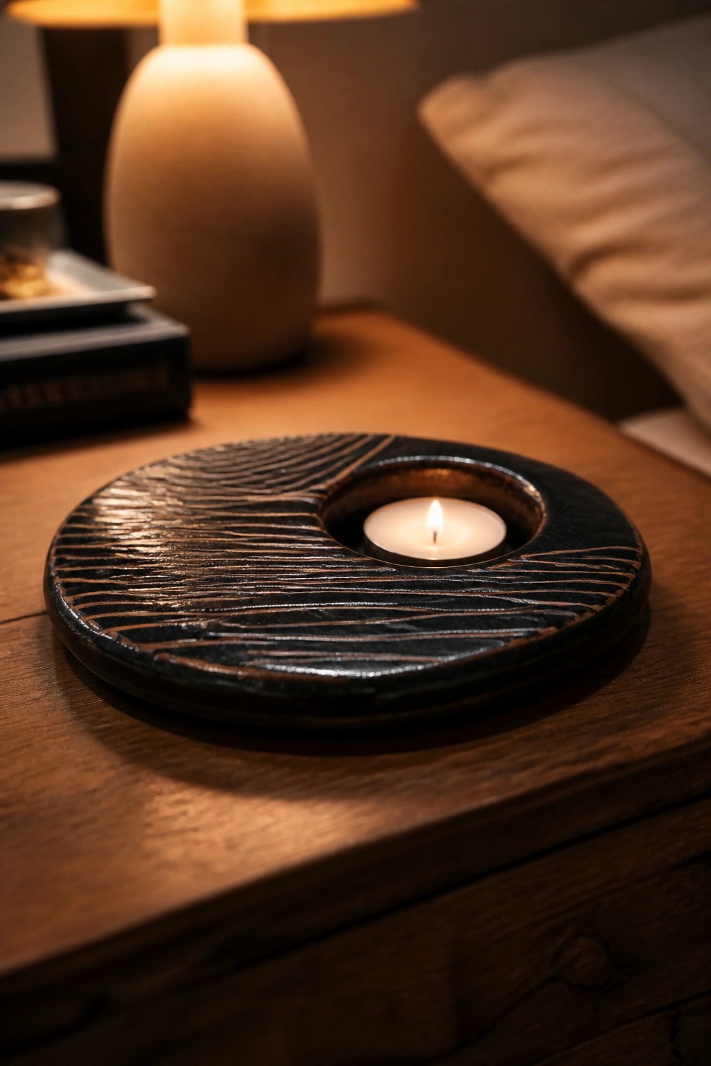 Lit candle in textured black ceramic holder on wooden nightstand