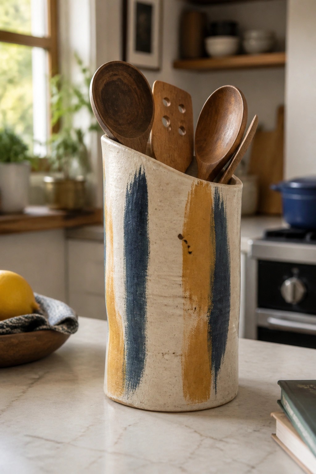 Ceramic holder with blue and yellow stripes holding wooden kitchen utensils on marble counter