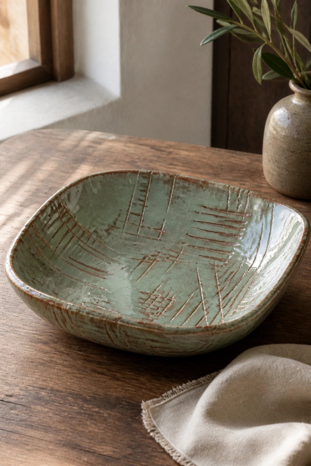 Green ceramic bowl with incised patterns on wooden table beside linen cloth