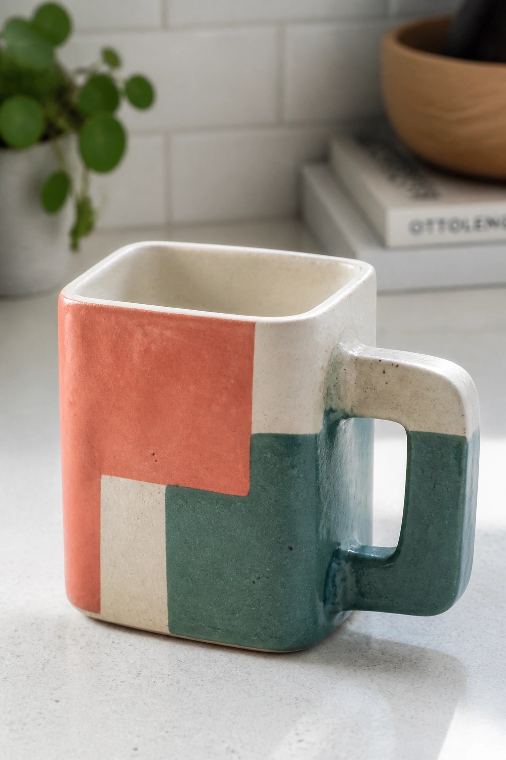 Square ceramic mug with coral, white, and teal geometric color blocks and handle.