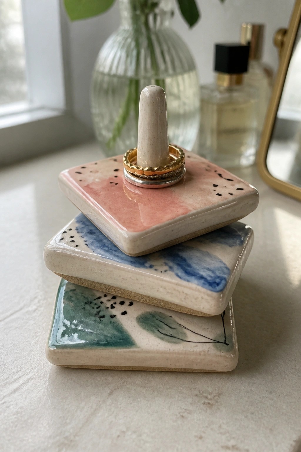 Stacked watercolor ceramic tiles with ring holder holding stacked rings