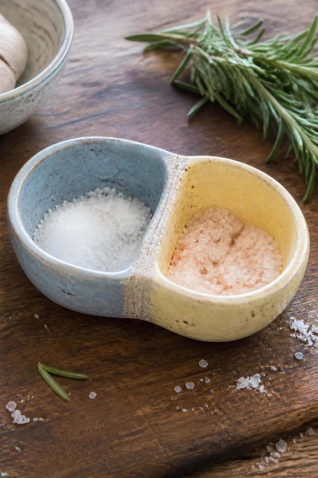 Divided blue and yellow ceramic bowl with white and pink salt beside rosemary