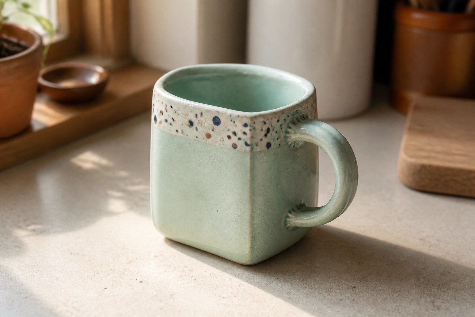 Speckled light green ceramic mug with handle on stone countertop.