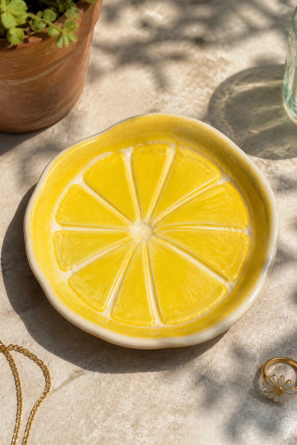 Yellow lemon-slice ceramic bowl on sunlit stone with gold necklace and daisy ring