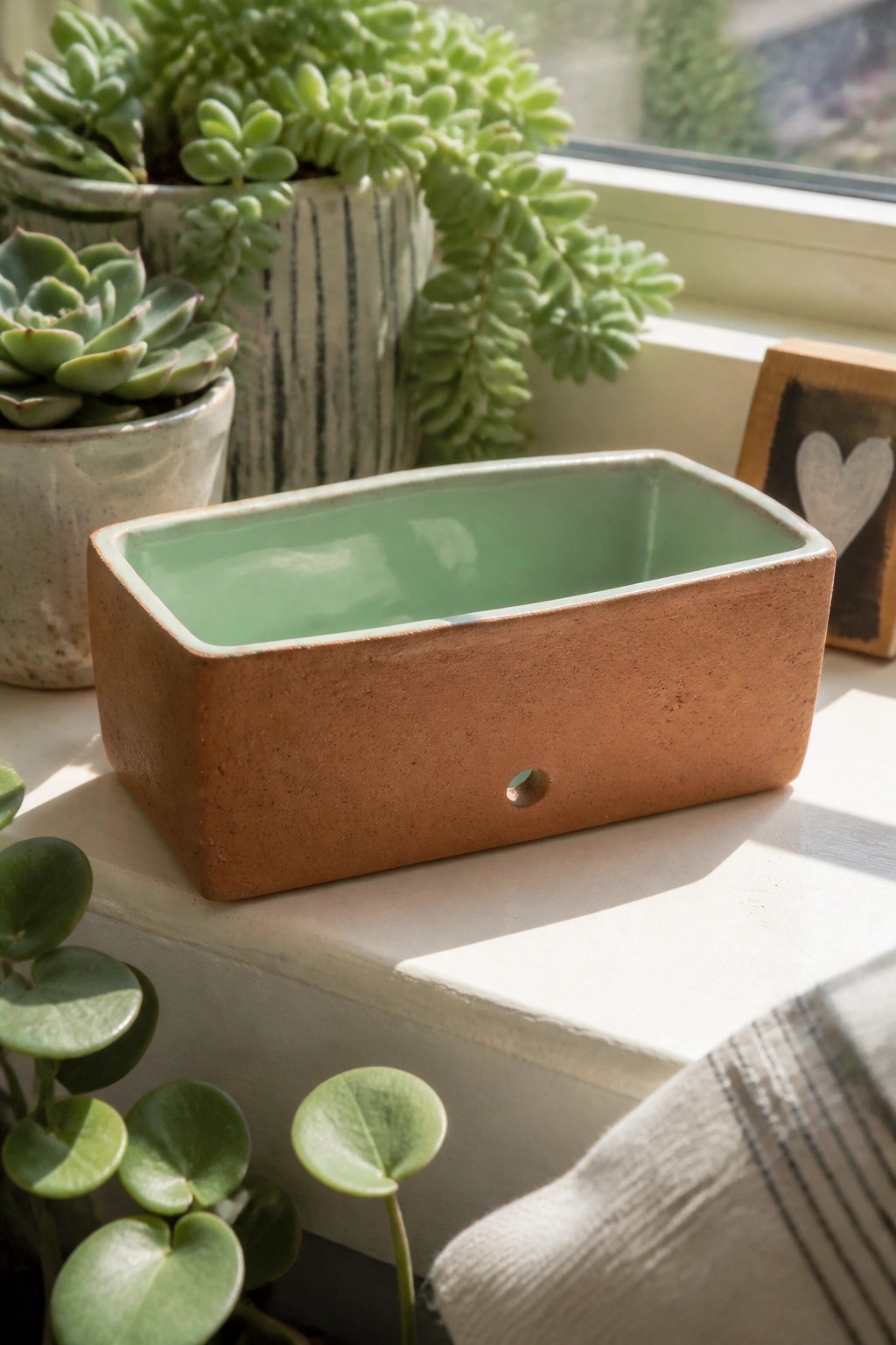 Terracotta rectangular planter with pale green interior on sunny windowsill among succulents