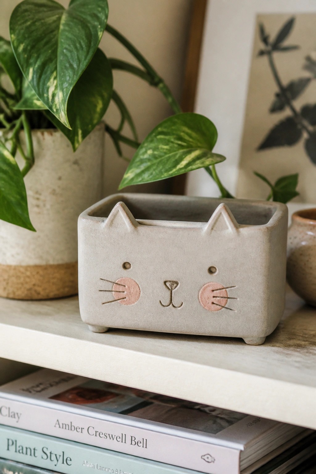 Cat-shaped ceramic planter with pink cheeks on shelf above books and plants