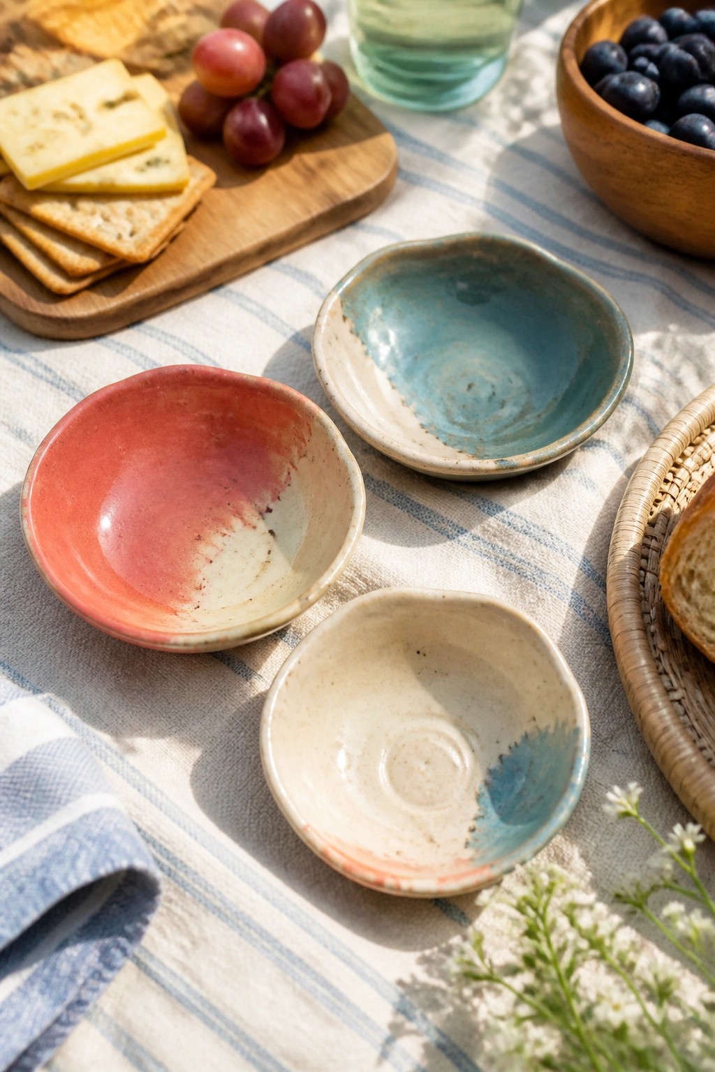 Three rustic ceramic bowls in red, blue, and cream on a picnic blanket