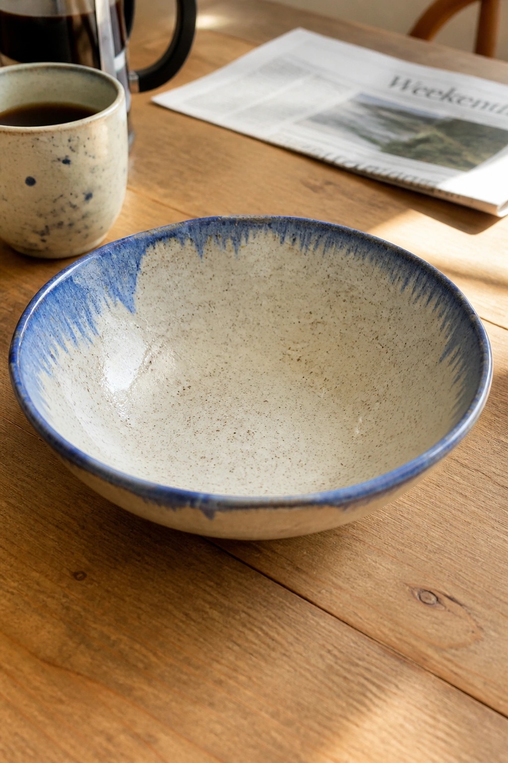 Ceramic bowl with blue rim on wooden table beside coffee mug and newspaper
