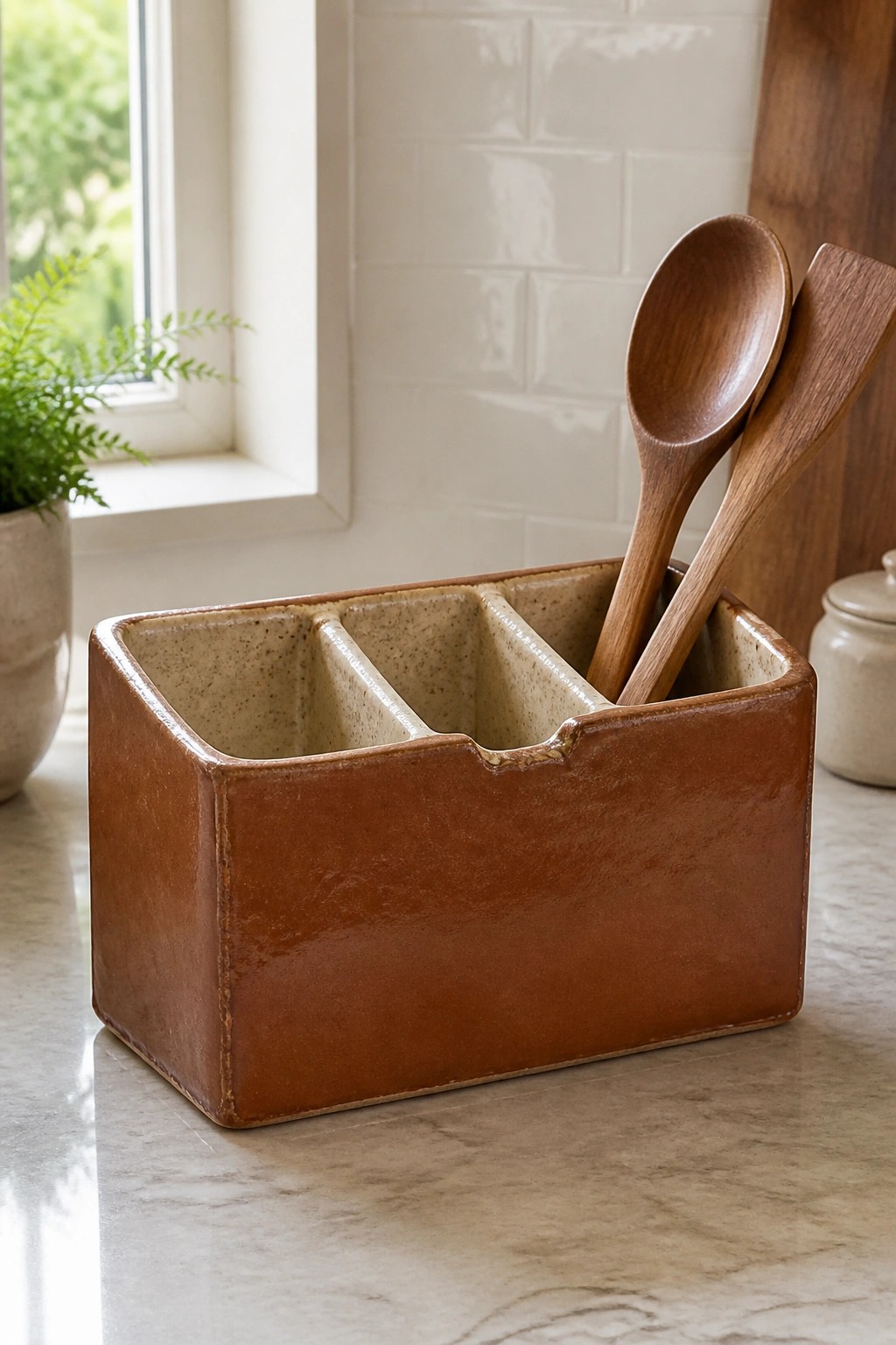 A brown ceramic rectangular holder with three compartments sits on a marble countertop, holding two wooden kitchen utensils.