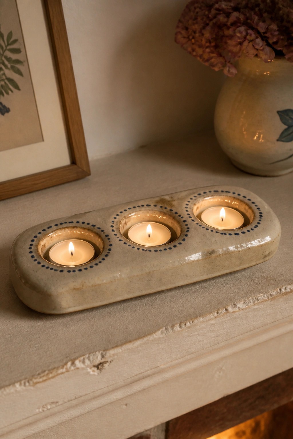 Three lit candles in a beige ceramic holder with blue dotted rims on a mantel