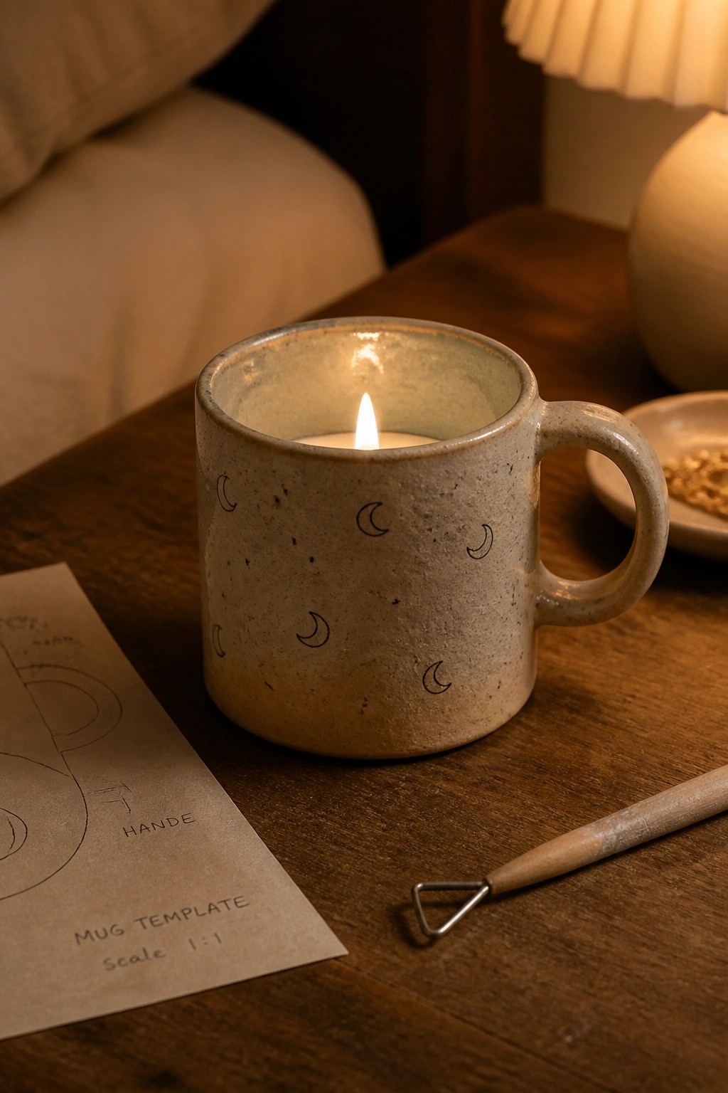 Lit candle in speckled ceramic mug with black moons beside template on wooden table.