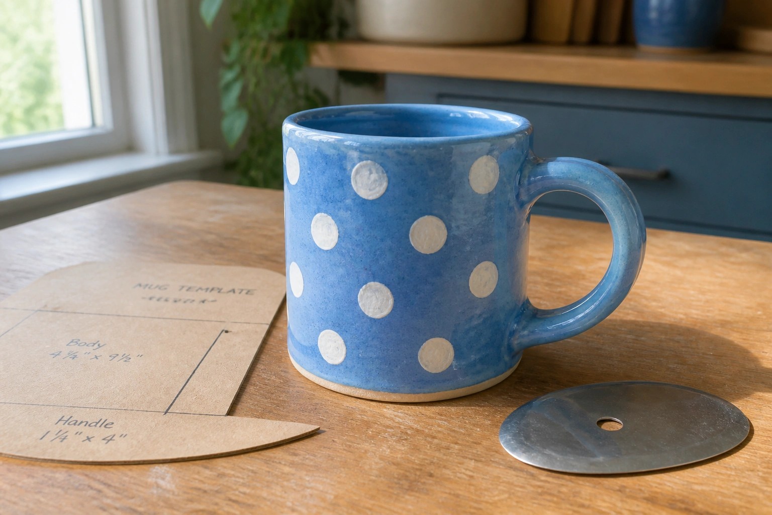 A blue ceramic mug with white polka dots sits on a wooden table next to a cardboard mug template and a metal tag.