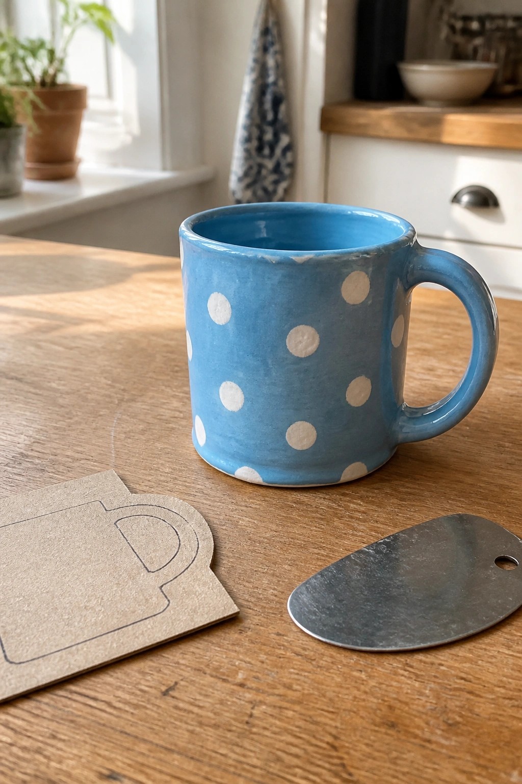 A blue ceramic mug with white polka dots sits on a wooden table next to a cardboard mug template and a metal tag.