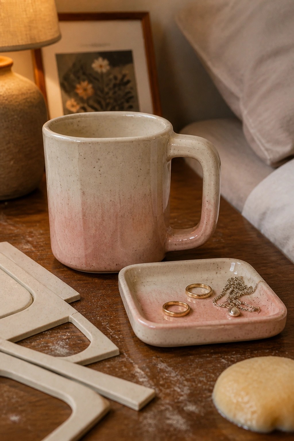 Gradient pink ceramic mug beside jewelry dish with gold rings on wood.