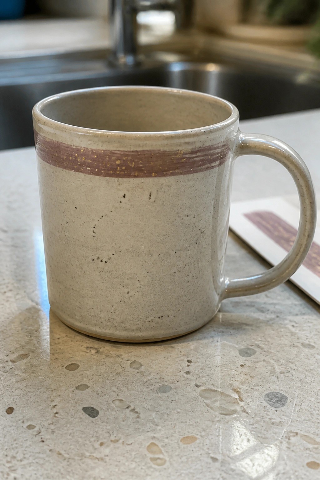 Speckled beige ceramic mug with brown and gold band on kitchen countertop.