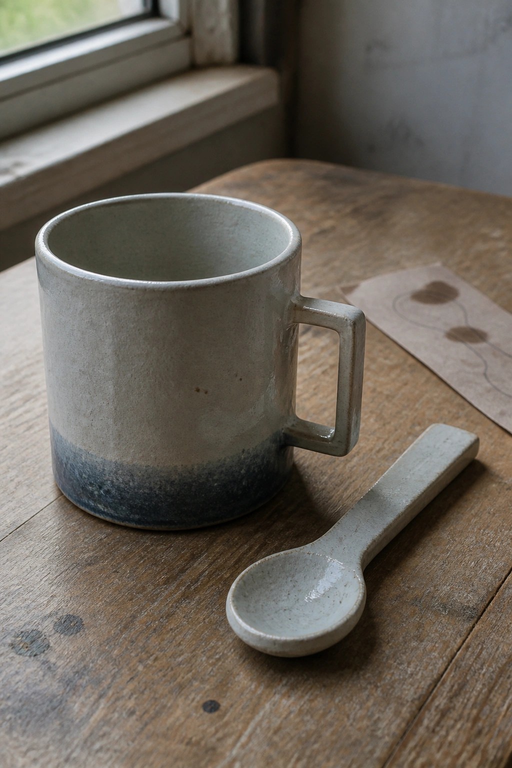 Ceramic mug with blue gradient base and matching spoon on wooden table