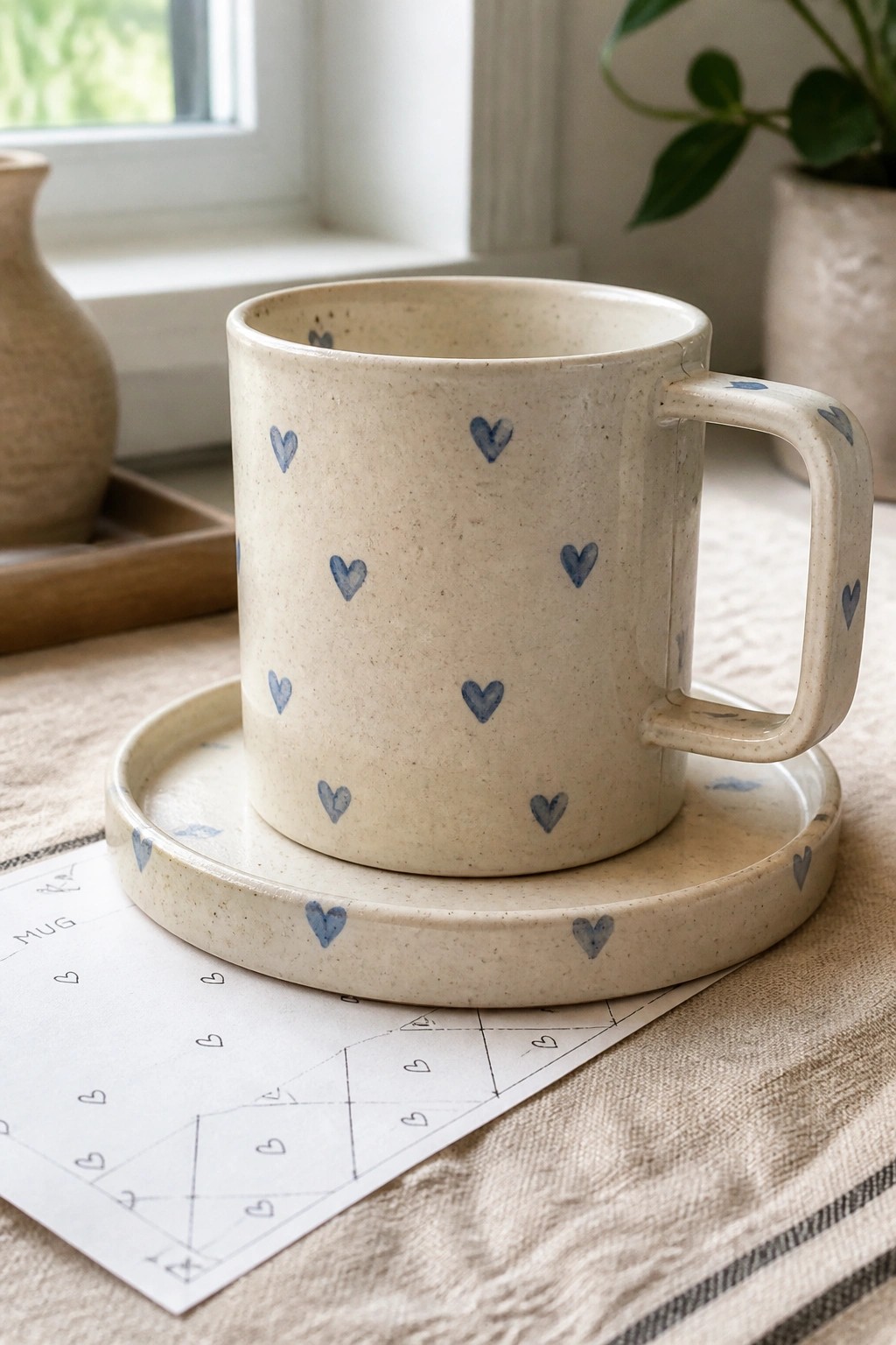 Beige speckled mug with blue hearts on matching saucer over sketch paper.