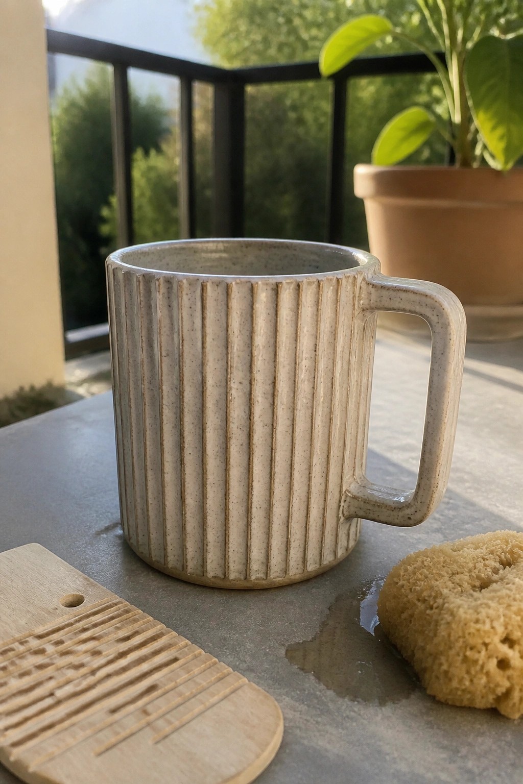 Beige ribbed ceramic mug beside spilled water, sponge, and wooden dish on table