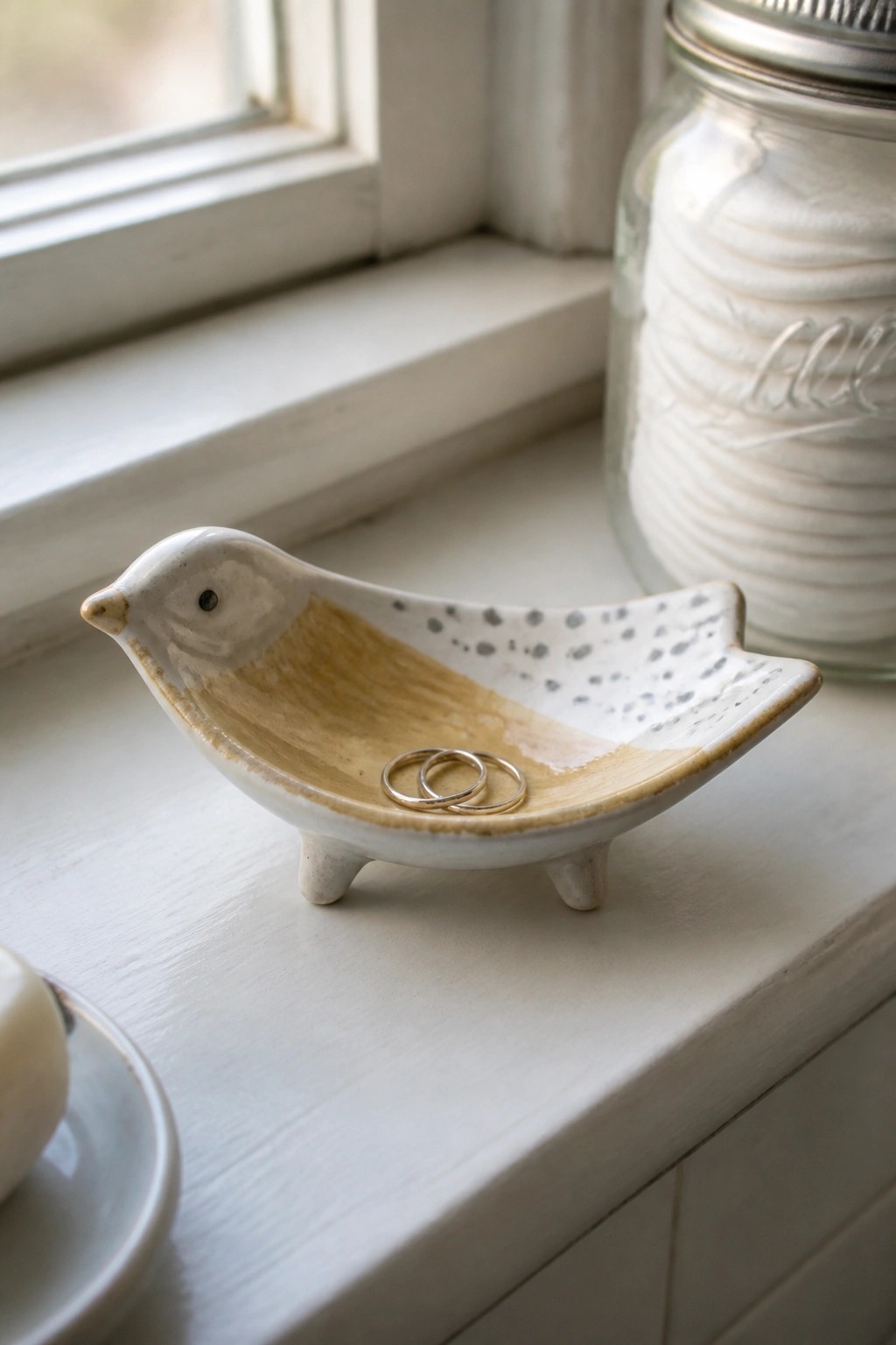 Ceramic bird dish holding two gold rings on white windowsill beside glass jar