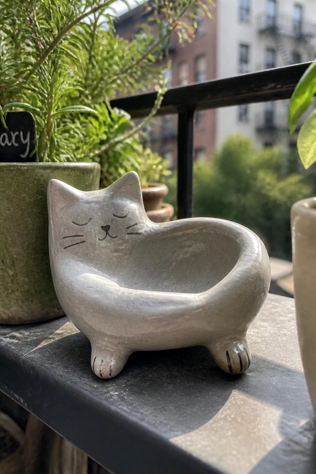 Ceramic cat-shaped bowl on dark ledge surrounded by green potted plants.