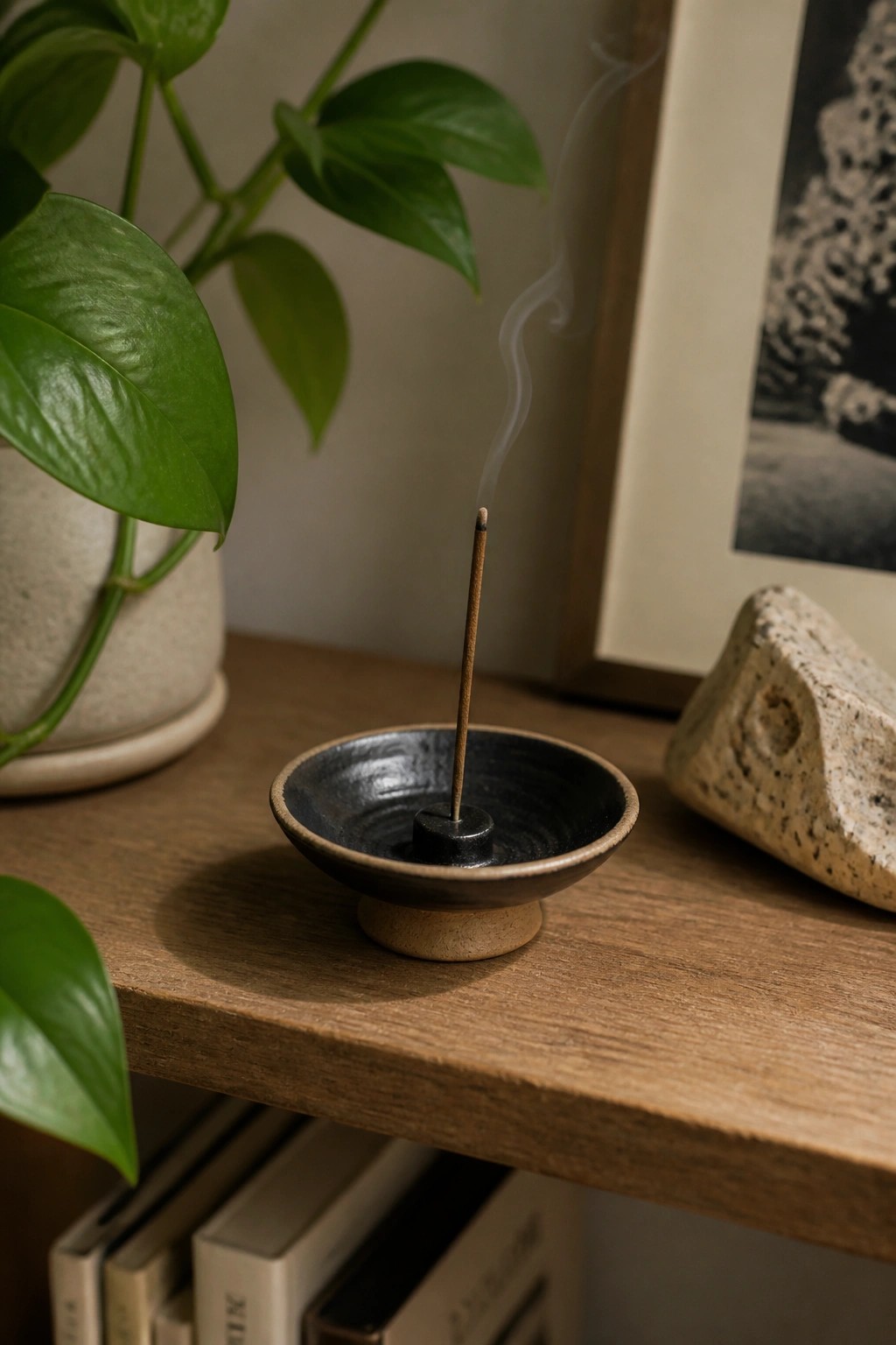 Burning incense stick in dark ceramic bowl on wooden table with rising smoke