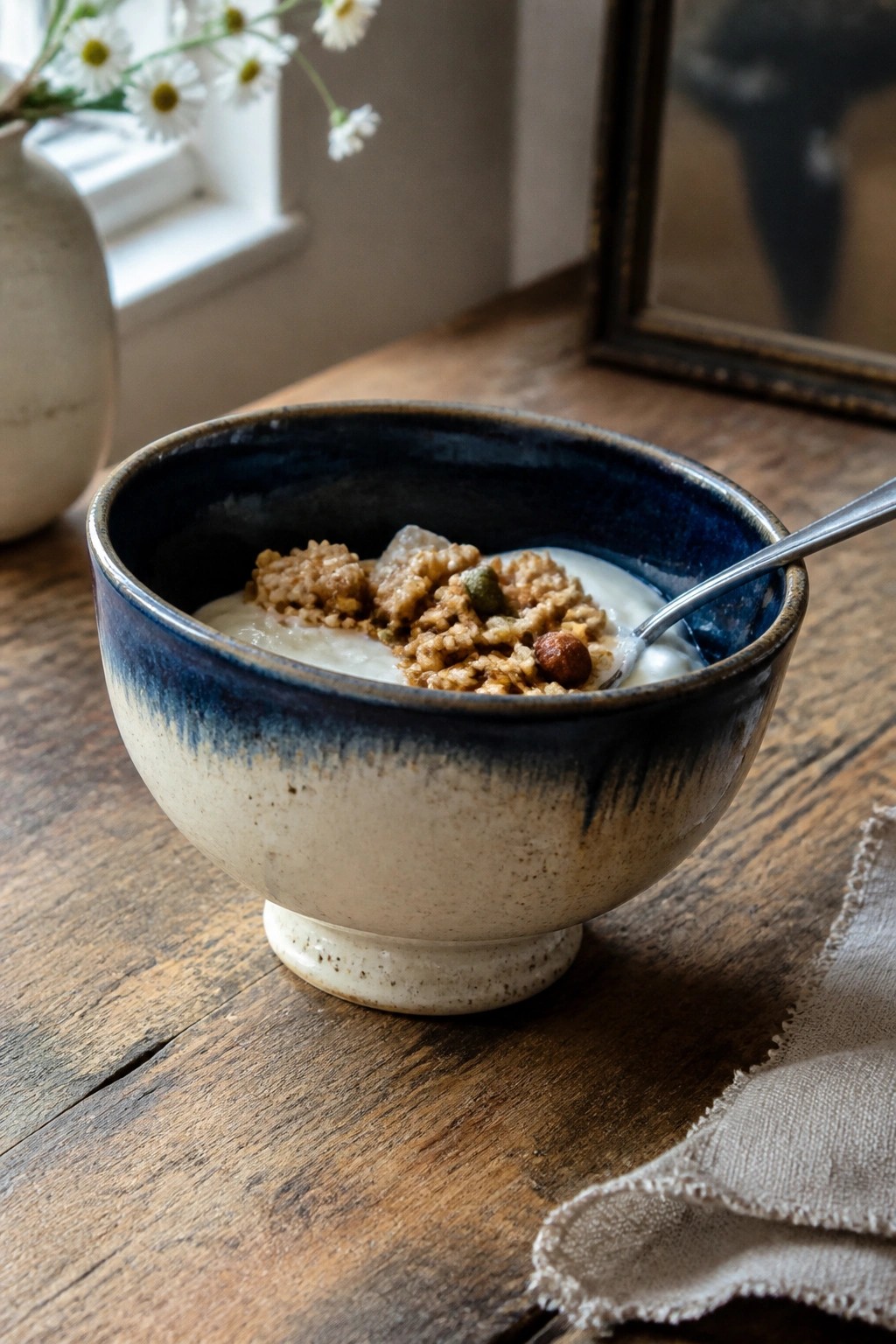 Blue-rimmed ceramic bowl of yogurt with granola and spoon on wooden table