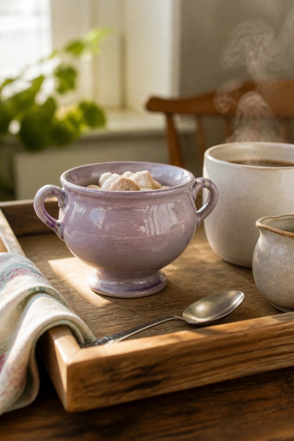 Wooden tray with purple sugar bowl, steaming mug, creamer, spoon, and floral napkin