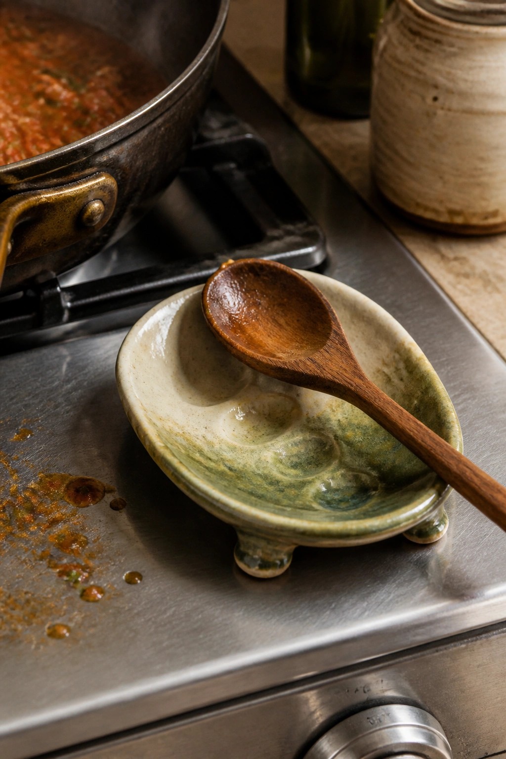 Wooden spoon in green ceramic dish on stainless stovetop beside pan of red sauce
