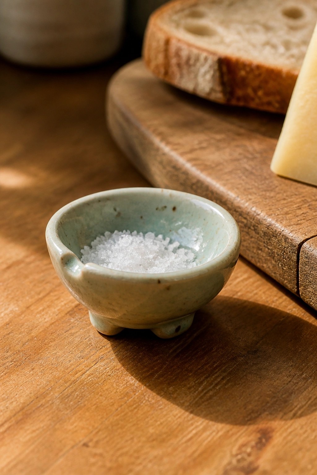 Small ceramic salt bowl on wooden table beside bread and cheese board