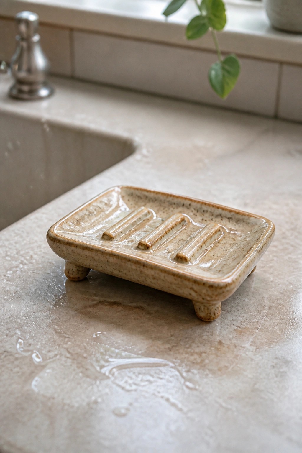 Beige speckled ceramic soap dish with ridges on wet marble countertop by sink