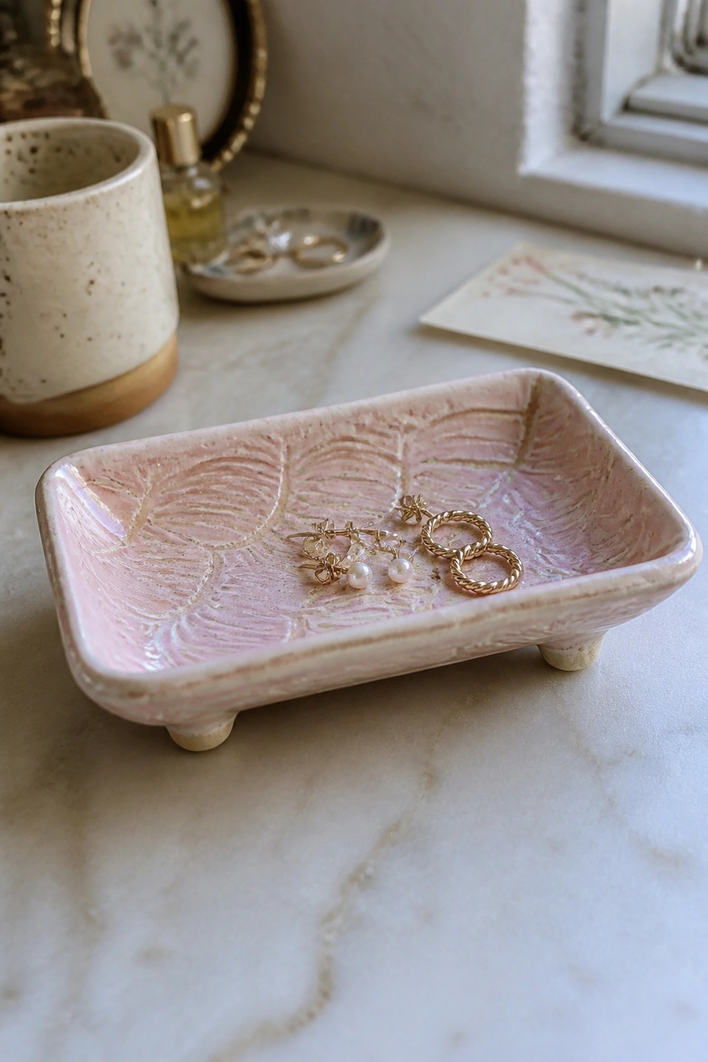 Pink ceramic tray with gold twisted hoops and pearl earrings on marble