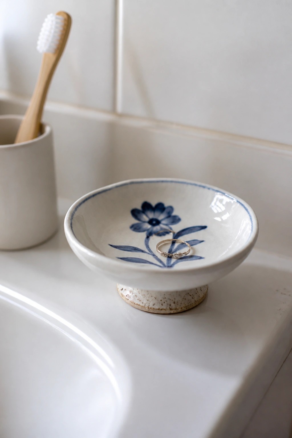 White ceramic dish with blue flower holding gold rings on sink beside toothbrush