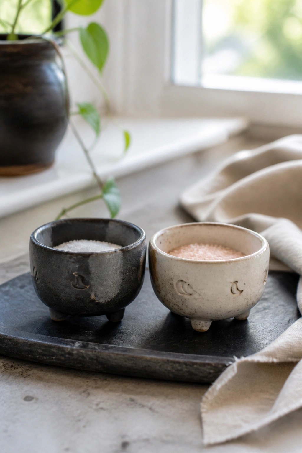 Two moon-carved ceramic bowls of white and pink salt on a dark tray by window