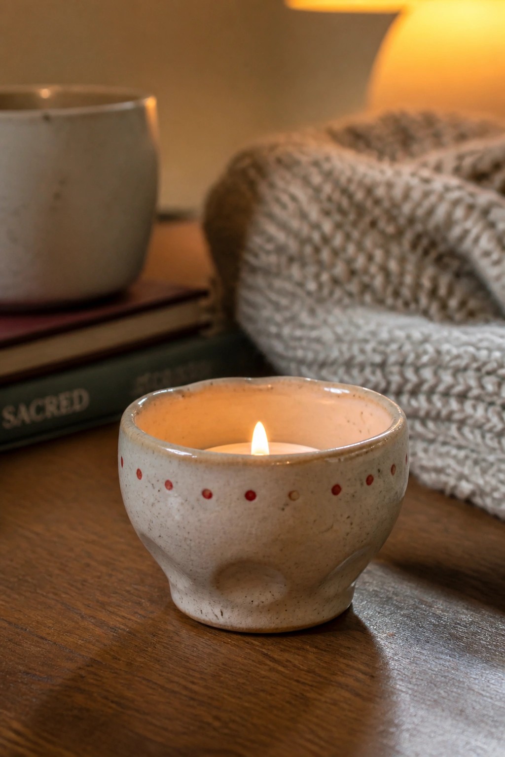 Lit candle in speckled ceramic bowl with red dots on wooden table