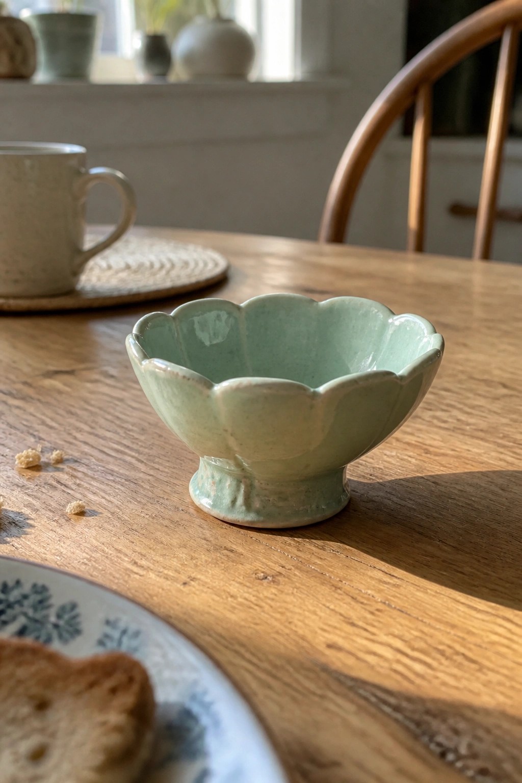 Pale green scalloped ceramic bowl on wooden table with mug nearby