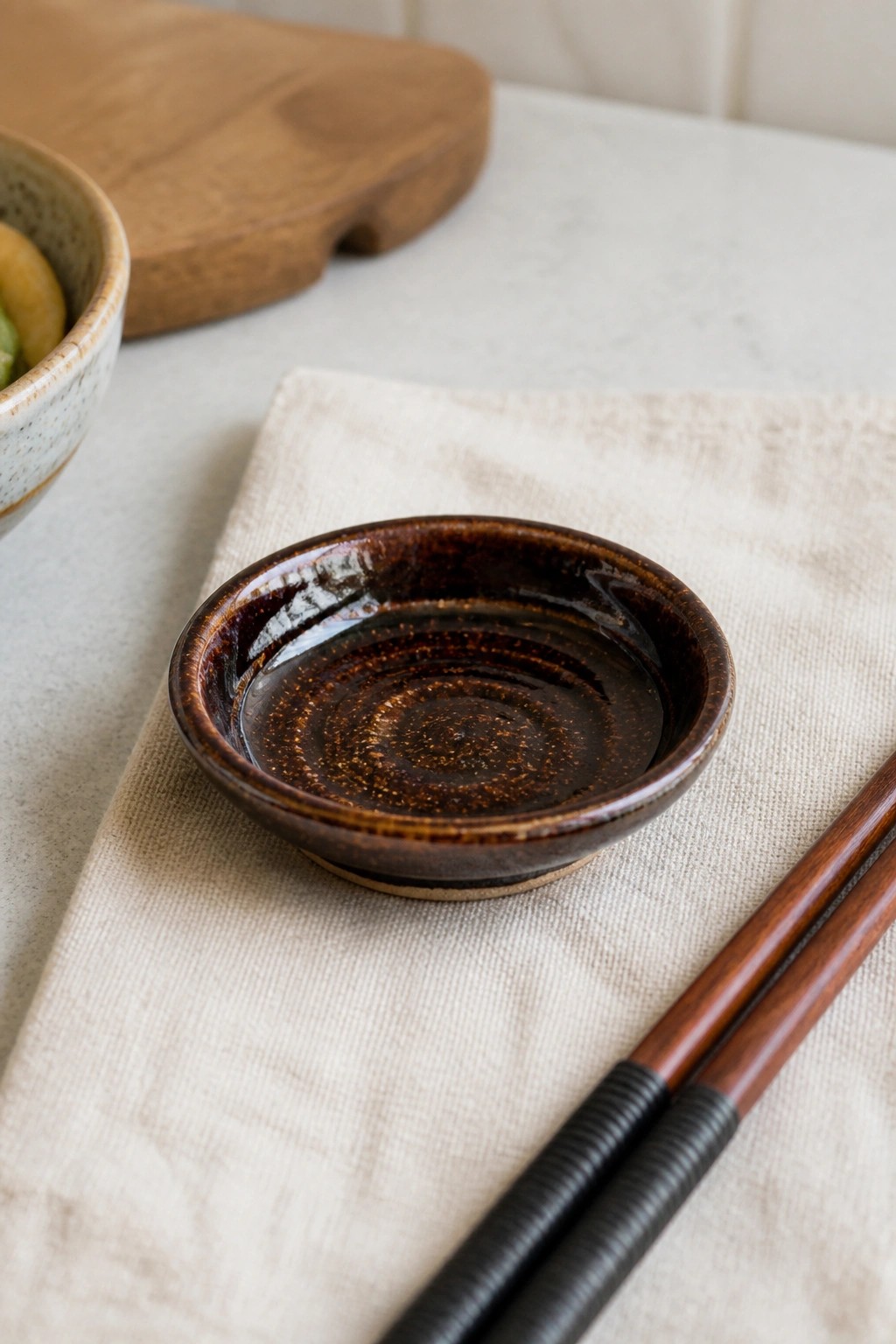 Small brown ceramic bowl on beige cloth beside wooden chopsticks on table