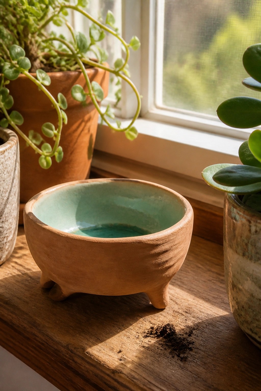 Small footed ceramic bowl with turquoise glaze on sunny wooden windowsill with plants