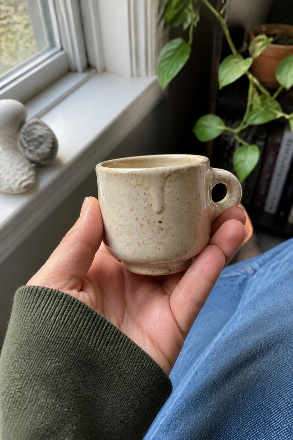 Hand in green sleeve holding speckled beige ceramic mug over blue jeans