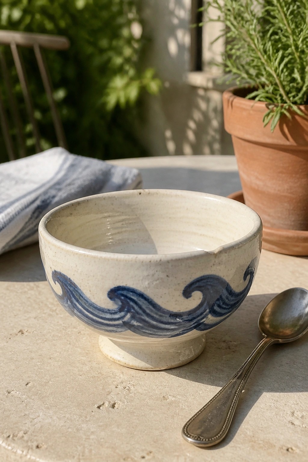 Ceramic bowl with blue wave pattern beside spoon on stone patio table